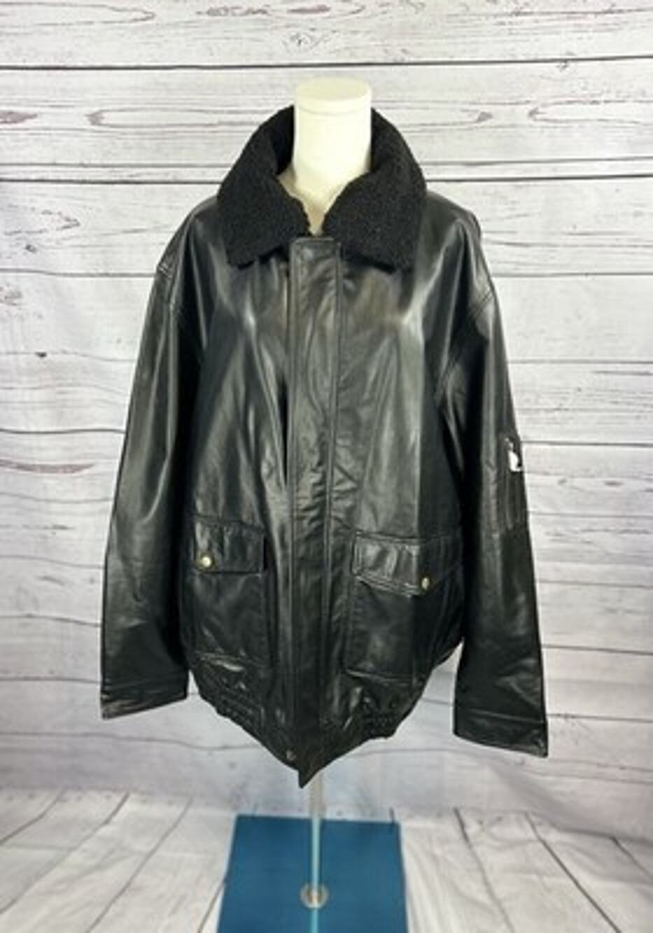KingSize Men’s 2XL Big Black Genuine Leather Bomber Jacket Sherpa Collar NWT